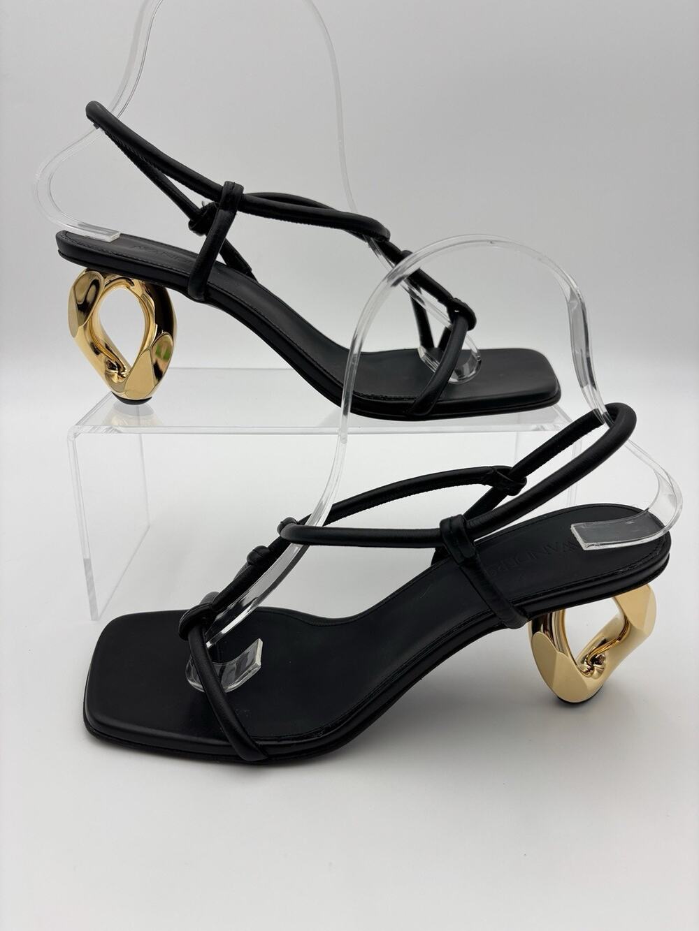 JW Anderson Strappy Sandals Black Leather Chain Link Heels Gold Size 38 / 8
